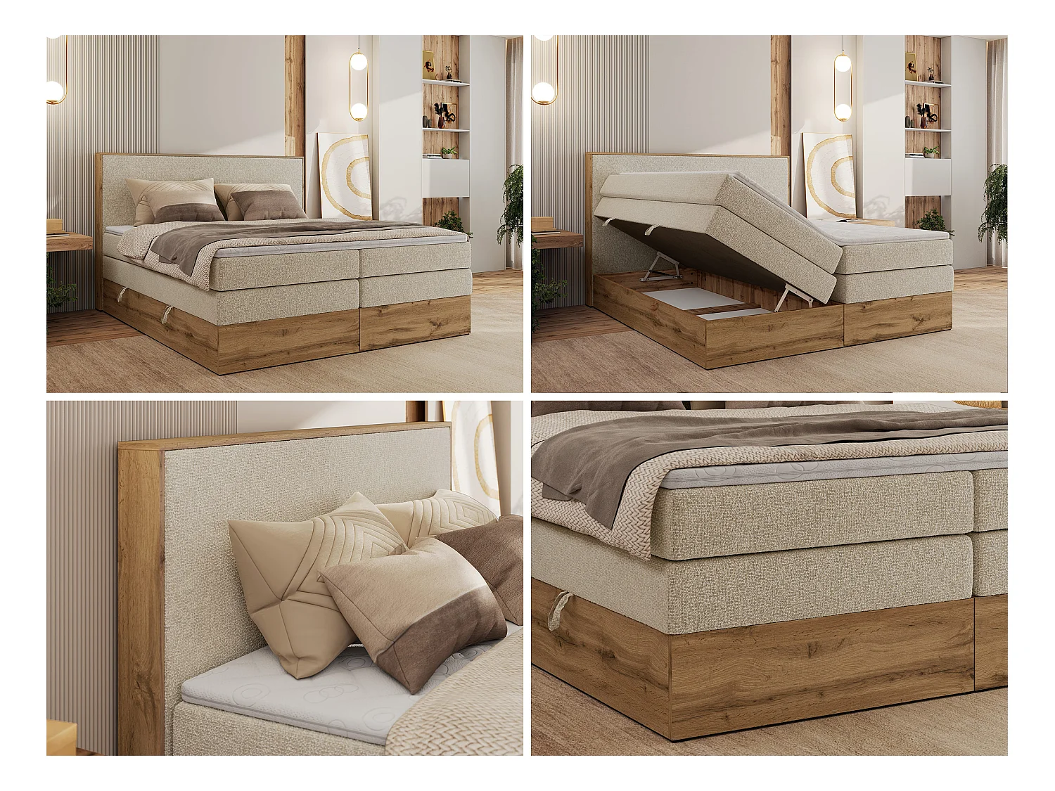 Boxspringbett WOOD CLASSIC KING - Polsterbett mit hohe Kopfteil, zwei Multipocket-Matratze, Bettkästen - 180x200 cm - H4 - Creme Strukture