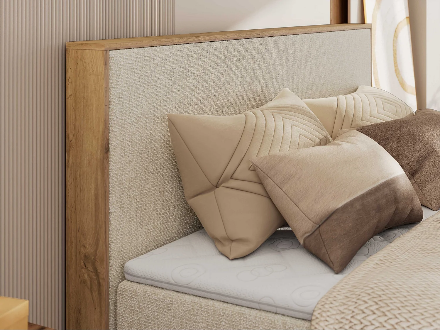 Boxspringbett WOOD CLASSIC KING - Polsterbett mit hohe Kopfteil, zwei Multipocket-Matratze, Bettkästen - 180x200 cm - H4 - Creme Strukture