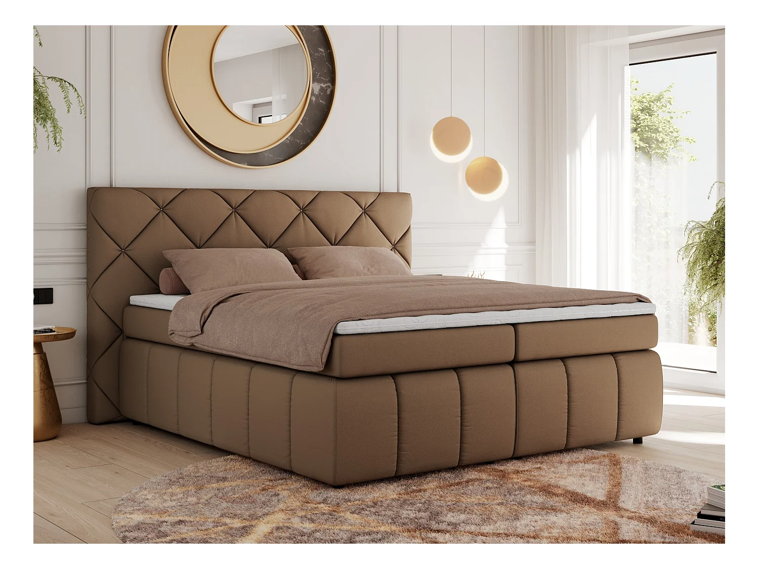 Boxspringbett RITA - Set mit Kopfteil, Multipocket-Matratze und Topper, Doppelbett für Schlafzimmer - 180x200 cm - H3 - Braun Kunstleder