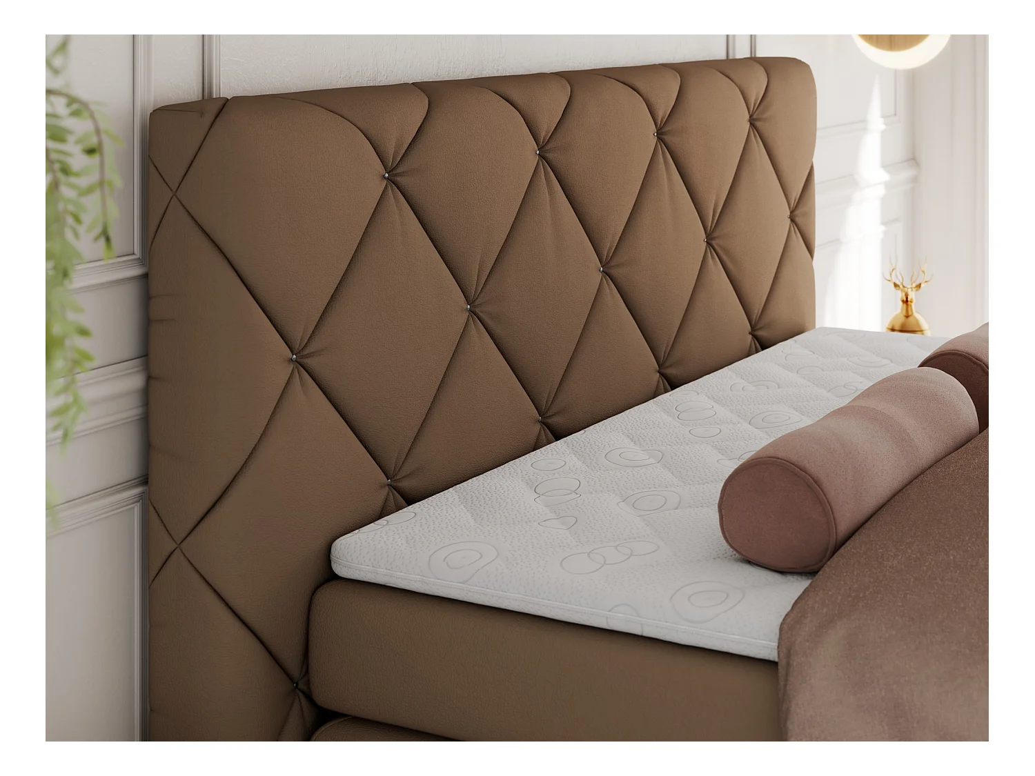Boxspringbett RITA - Set mit Kopfteil, Multipocket-Matratze und Topper, Doppelbett für Schlafzimmer - 180x200 cm - H3 - Braun Kunstleder