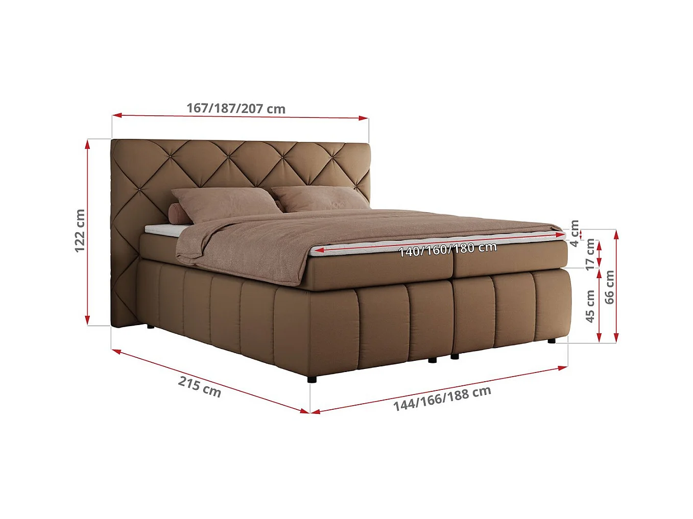 Boxspringbett RITA - Set mit Kopfteil, Multipocket-Matratze und Topper, Doppelbett für Schlafzimmer - 180x200 cm - H3 - Braun Kunstleder