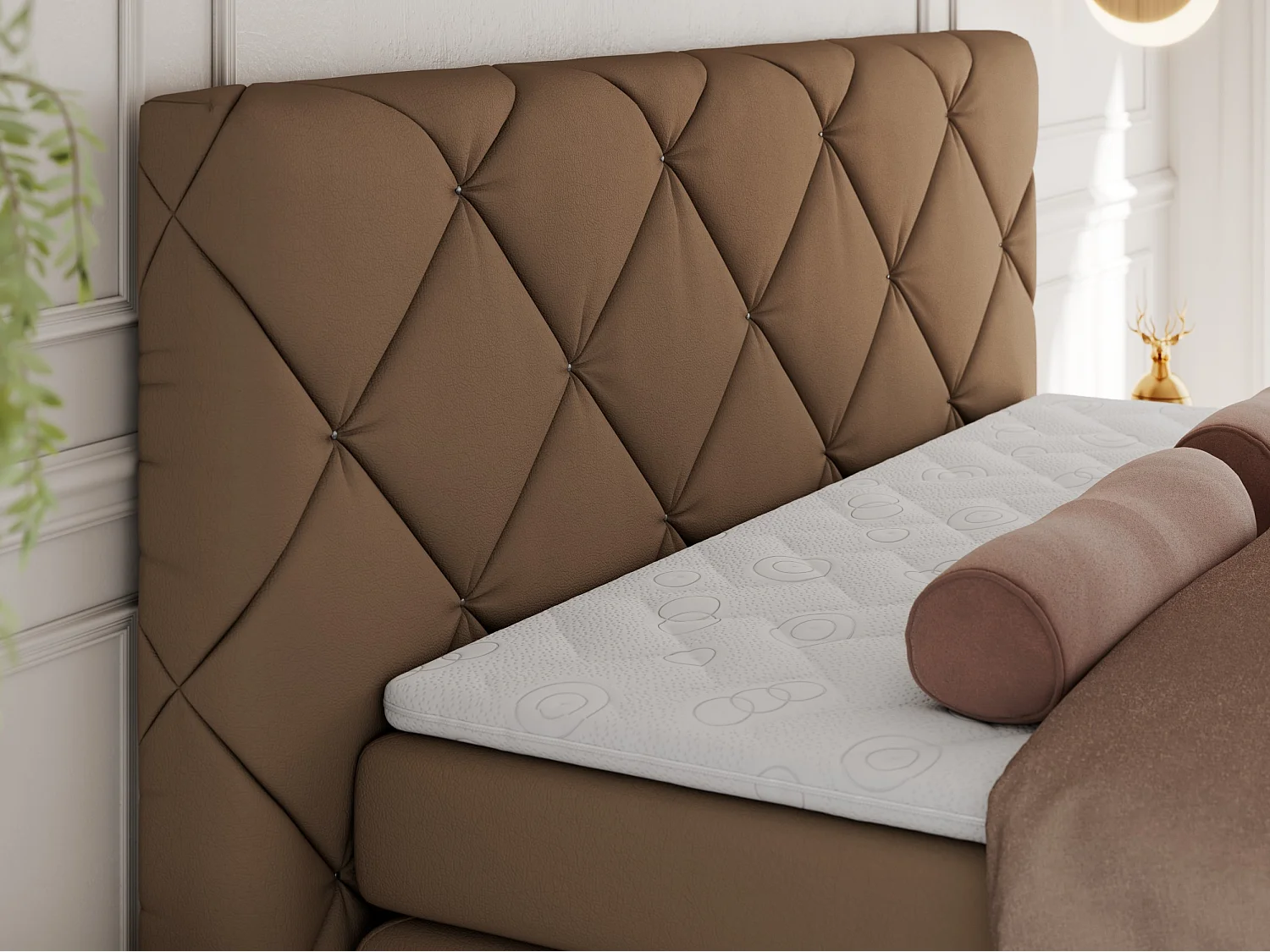 Boxspringbett RITA - Set mit Kopfteil, Multipocket-Matratze und Topper, Doppelbett für Schlafzimmer - 180x200 cm - H3 - Braun Kunstleder