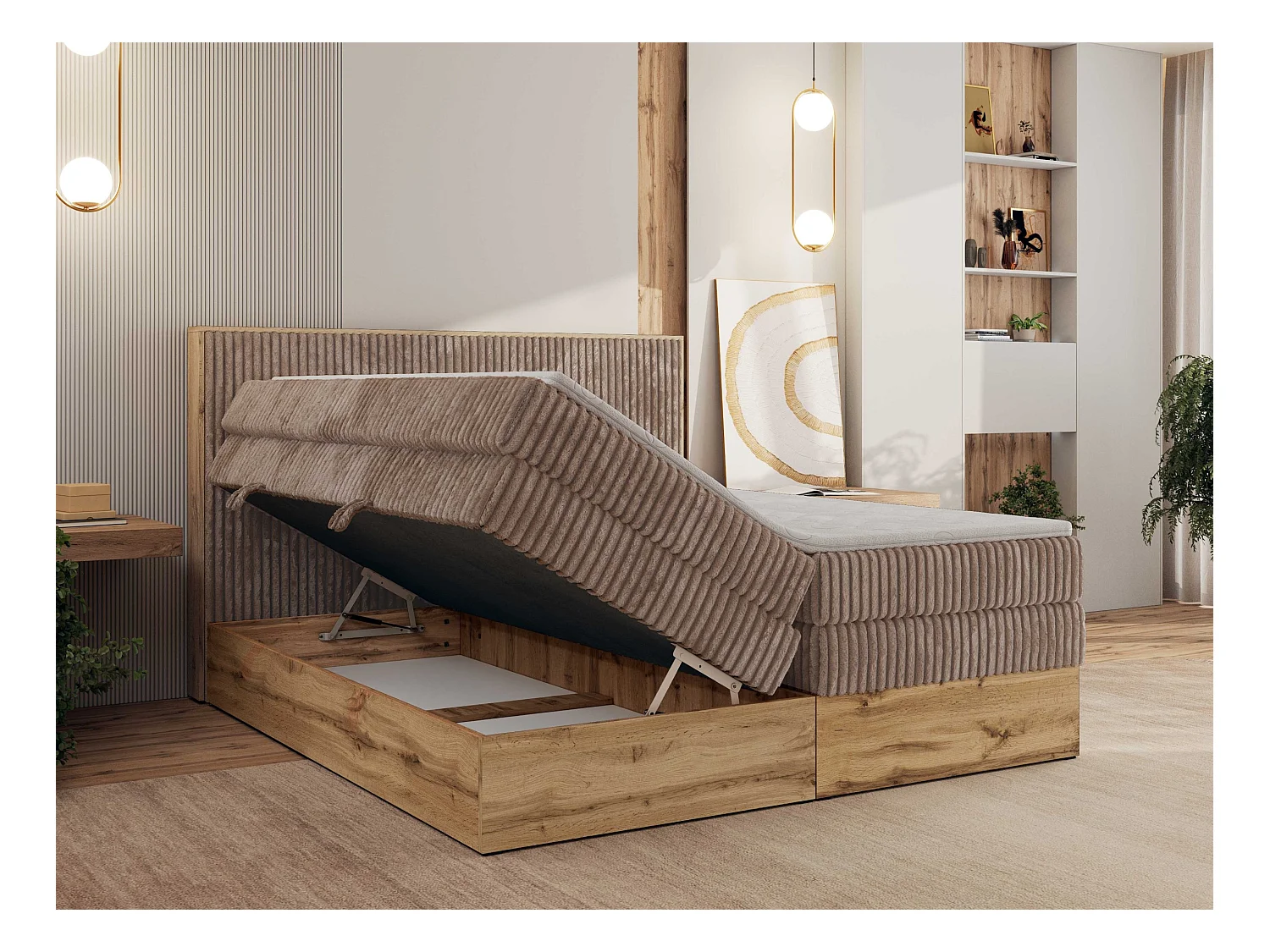 Boxspringbett WOOD CLASSIC KING - Polsterbett mit hohe Kopfteil, zwei Multipocket-Matratze, Bettkästen - 160x200 cm - H3 - Braun Cord