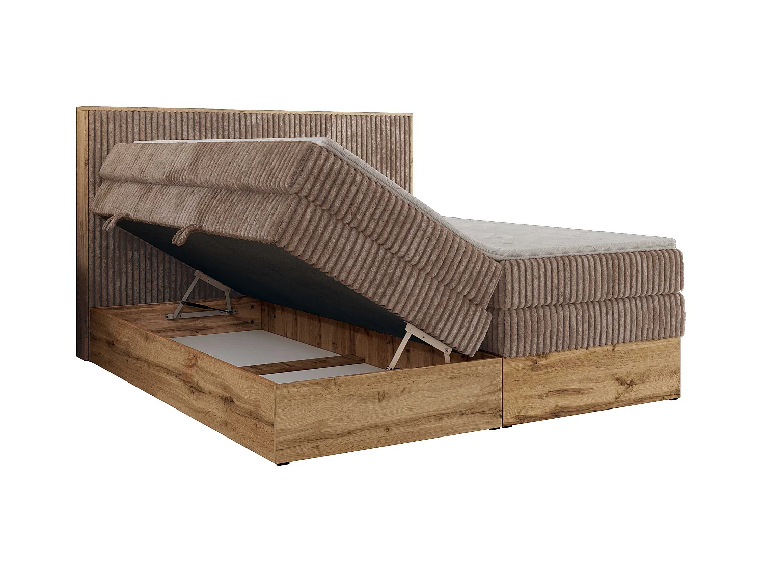 Boxspringbett WOOD CLASSIC KING - Polsterbett mit hohe Kopfteil, zwei Multipocket-Matratze, Bettkästen - 160x200 cm - H3 - Braun Cord