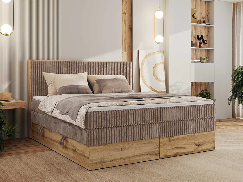 Boxspringbett WOOD CLASSIC KING - Polsterbett mit hohe Kopfteil, zwei Multipocket-Matratze, Bettkästen - 160x200 cm - H3 - Braun Cord