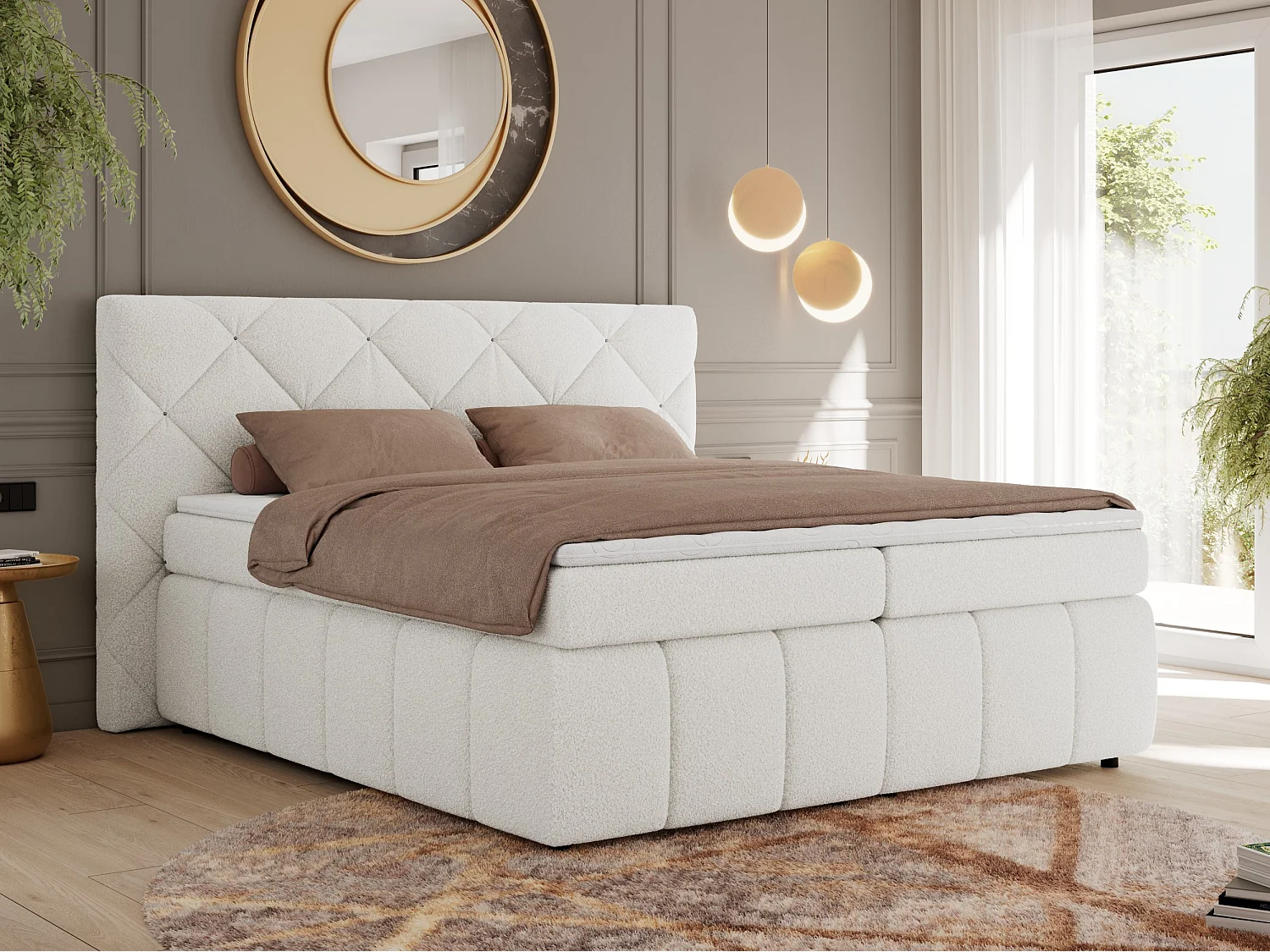 Boxspringbett RITA - Set mit Kopfteil, Multipocket-Matratze und Topper, Doppelbett für Schlafzimmer - 160x200 cm - H4 - Weiß Boucle