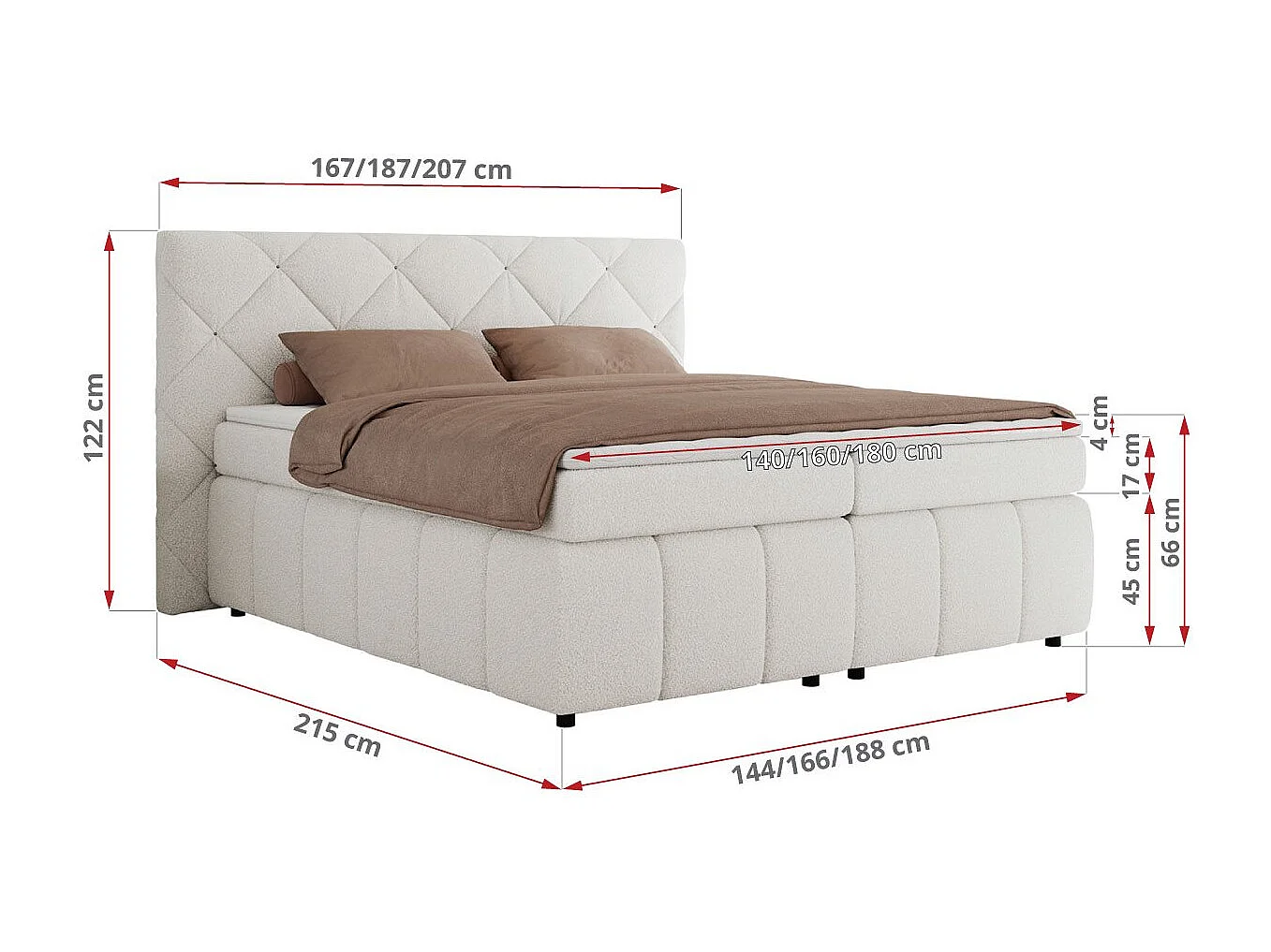 Boxspringbett RITA - Set mit Kopfteil, Multipocket-Matratze und Topper, Doppelbett für Schlafzimmer - 140x200 cm - H4 - Weiß Boucle
