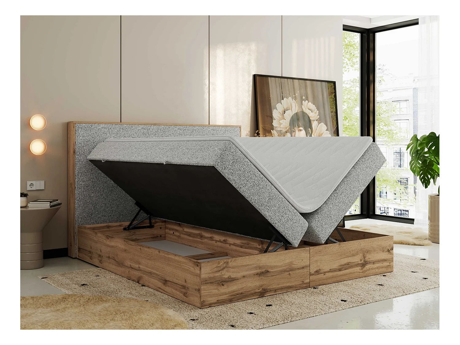 Boxspringbett WOOD CLASSIC - Doppelbett für Schlafzimmer, Set mit Multipocket-Matratze, Holzrahmen - 200x200 cm - H3 - Hellgrau Strukture