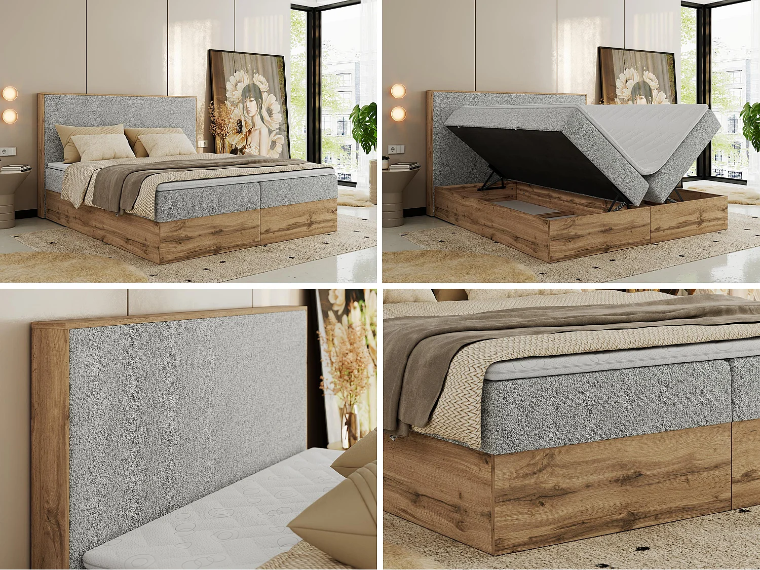 Boxspringbett WOOD CLASSIC - Doppelbett für Schlafzimmer, Set mit Multipocket-Matratze, Holzrahmen - 200x200 cm - H3 - Hellgrau Strukture