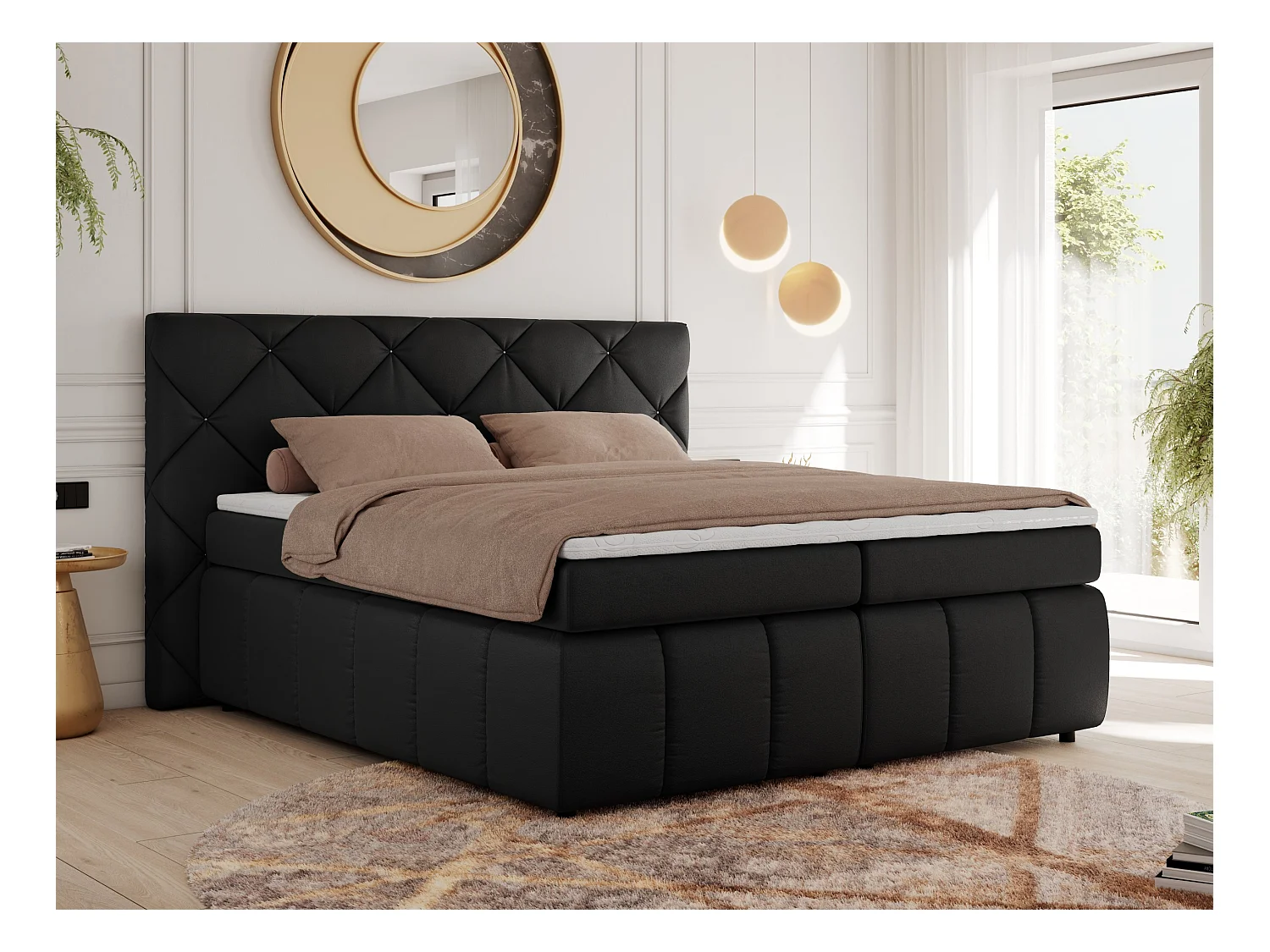 Boxspringbett RITA - Set mit Kopfteil, Multipocket-Matratze und Topper, Doppelbett für Schlafzimmer - 140x200 cm - H3 - Schwarz Kunstleder