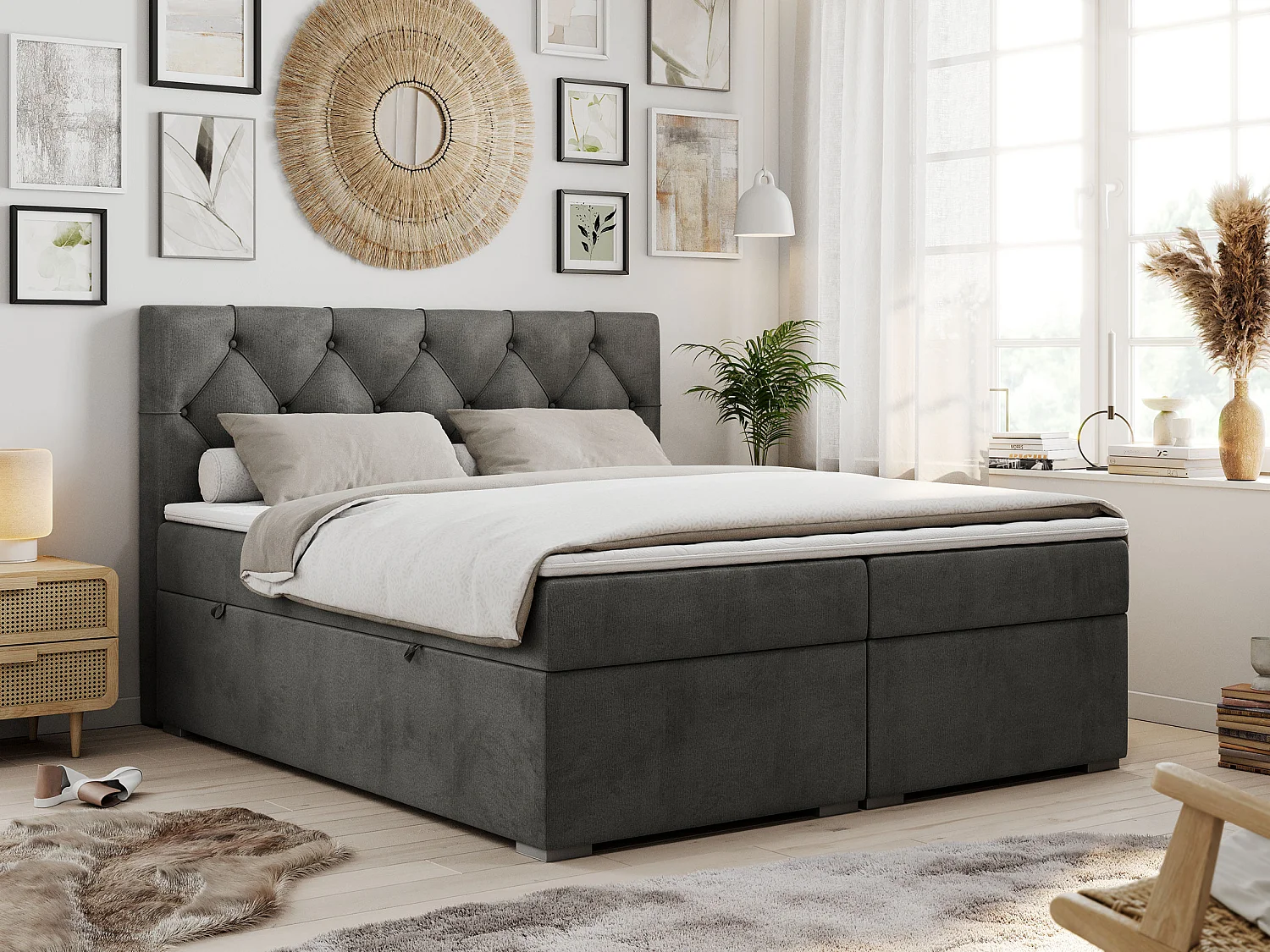 Boxspringbett ALDA - Doppelbett mit gestepptem Kopfteil, Multipocket-Matratze und Topper, zwei Bettkästen - 200x200 cm - H3 - Dunkelgrau Velvet