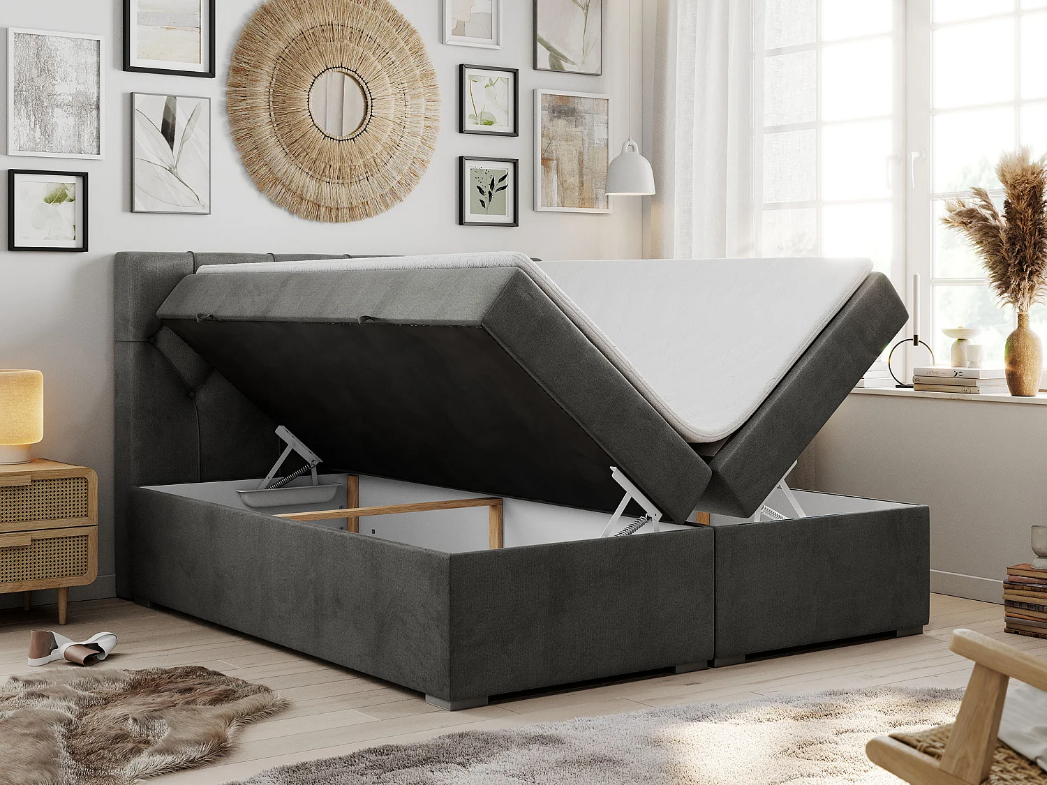 Boxspringbett ALDA - Doppelbett mit gestepptem Kopfteil, Multipocket-Matratze und Topper, zwei Bettkästen - 200x200 cm - H3 - Dunkelgrau Velvet