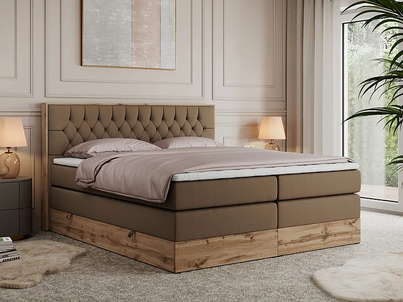 Boxspringbett AMORE KING - gesteppte Kopfstütze, Polsterbett mit zwei Multipocket-Matratzen, Holzrahmen - 200x200 cm - H4 - Braun Kunstleder