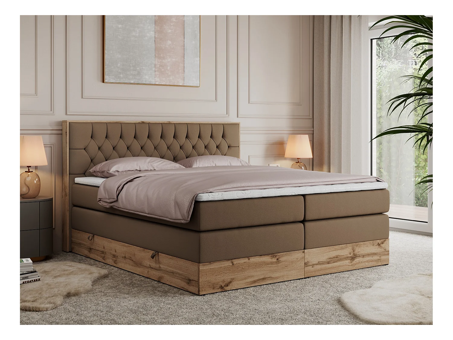 Boxspringbett AMORE KING - gesteppte Kopfstütze, Polsterbett mit zwei Multipocket-Matratzen, Holzrahmen - 200x200 cm - H4 - Braun Kunstleder