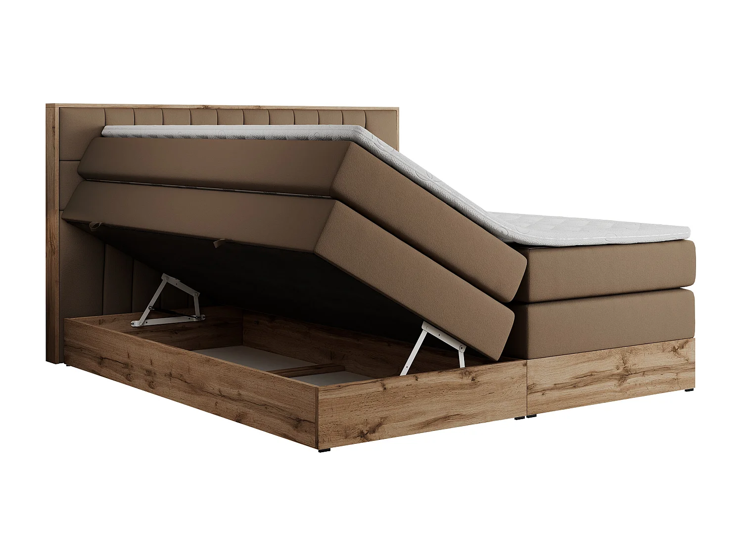 Boxspringbett AMORE KING - gesteppte Kopfstütze, Polsterbett mit zwei Multipocket-Matratzen, Holzrahmen - 200x200 cm - H4 - Braun Kunstleder