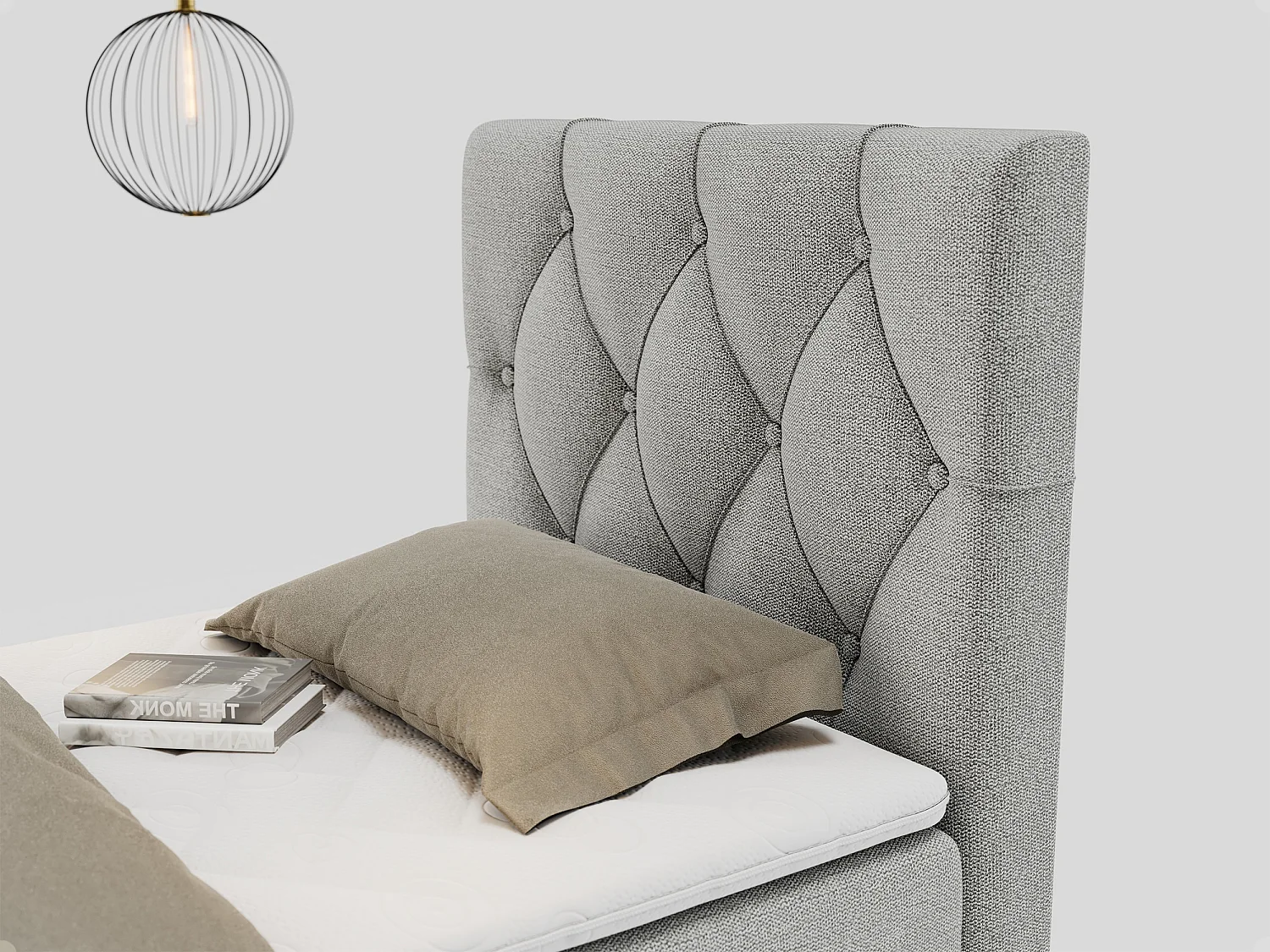 Boxspringbett ALDA - Einzelbett mit gestepptem Kopfteil, Multipocket-Matratze und Topper, Bettkasten - 90x200 cm - H4 - Hellgrau Strukture - Rechts Seite