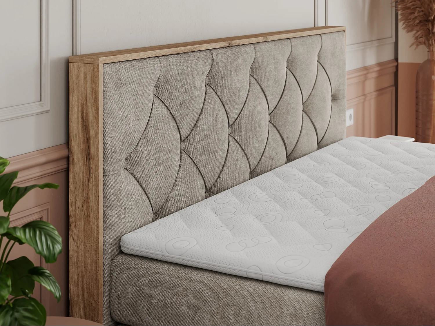 Boxspringbett VENETO KING - Polsterbett mit Multipocket-Matratzen und Kopfteil, Holzrahmen, zwei Bettkästen - 200x200 cm - H4 - Beige Strukture