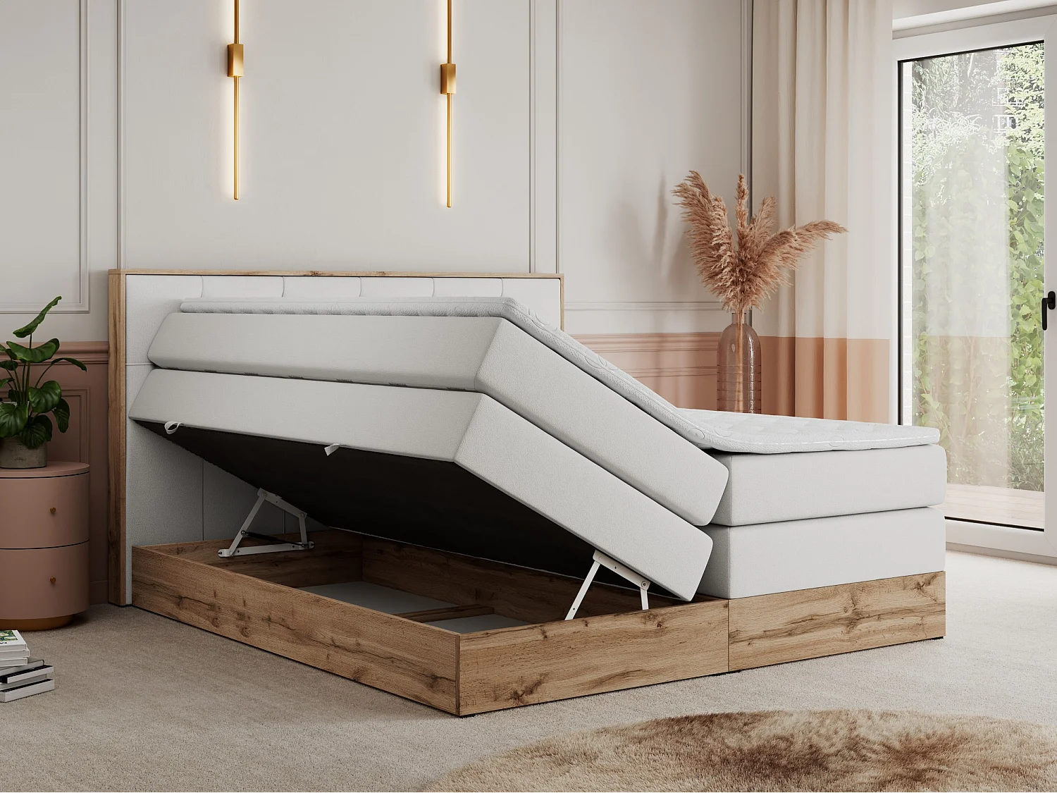 Boxspringbett VENETO KING - Polsterbett mit Multipocket-Matratzen und Kopfteil, Holzrahmen, zwei Bettkästen - 160x200 cm - H4 - Weiß Kunstleder