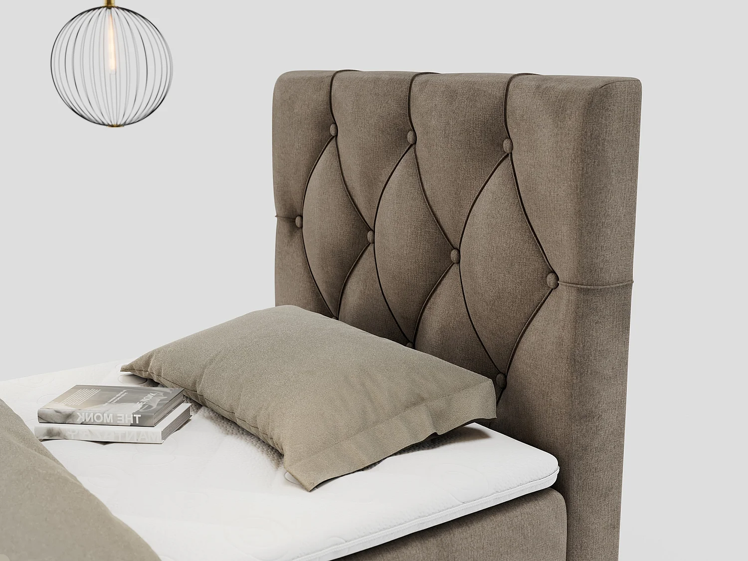 Boxspringbett ALDA - Einzelbett mit gestepptem Kopfteil, Multipocket-Matratze und Topper, Bettkasten - 90x200 cm - H4 - Braun Velvet - Rechts Seite