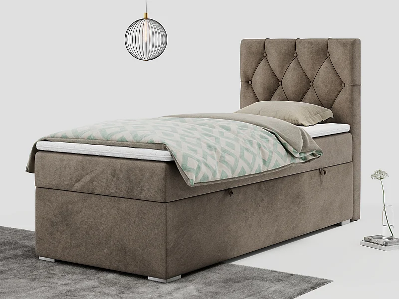 Boxspringbett ALDA - Einzelbett mit gestepptem Kopfteil, Multipocket-Matratze und Topper, Bettkasten - 90x200 cm - H4 - Braun Velvet - Rechts Seite