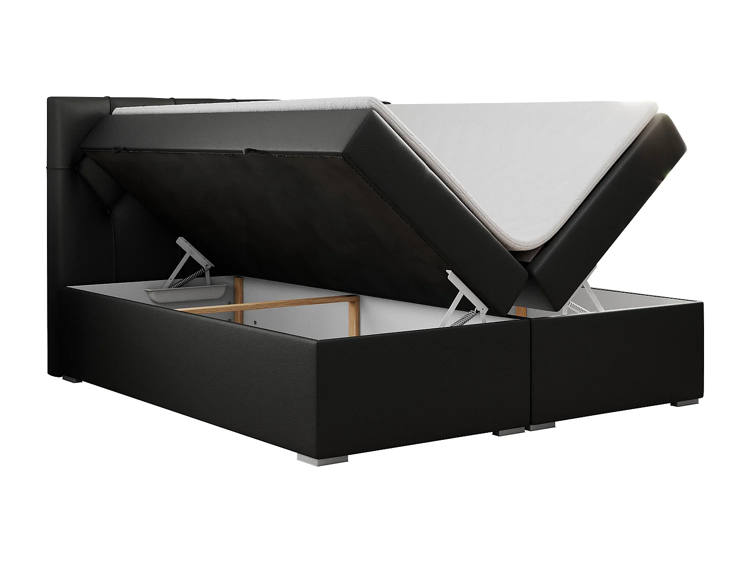 Boxspringbett ALDA - Doppelbett mit gestepptem Kopfteil, Multipocket-Matratze und Topper, zwei Bettkästen - 200x200 cm - H3 - Schwarz Kunstleder