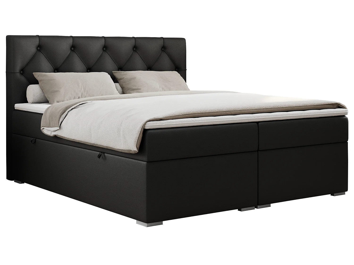Lit boxspring avec 2 coffres - 2 matelas mi-fermes + surmatelas mousse - Noir Similicuir - 200x200 - ROMA