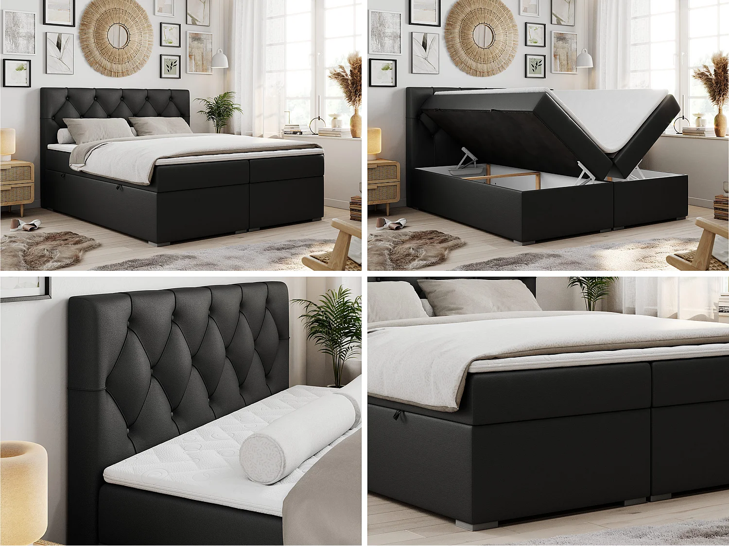 Lit boxspring avec 2 coffres - 2 matelas mi-fermes + surmatelas mousse - Noir Similicuir - 200x200 - ROMA
