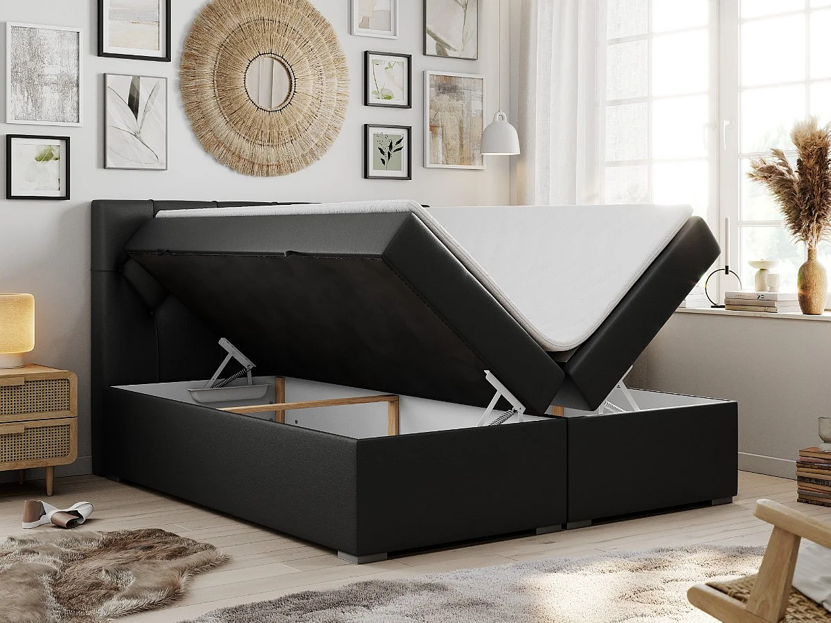 Lit boxspring avec 2 coffres - 2 matelas mi-fermes + surmatelas mousse - Noir Similicuir - 200x200 - ROMA