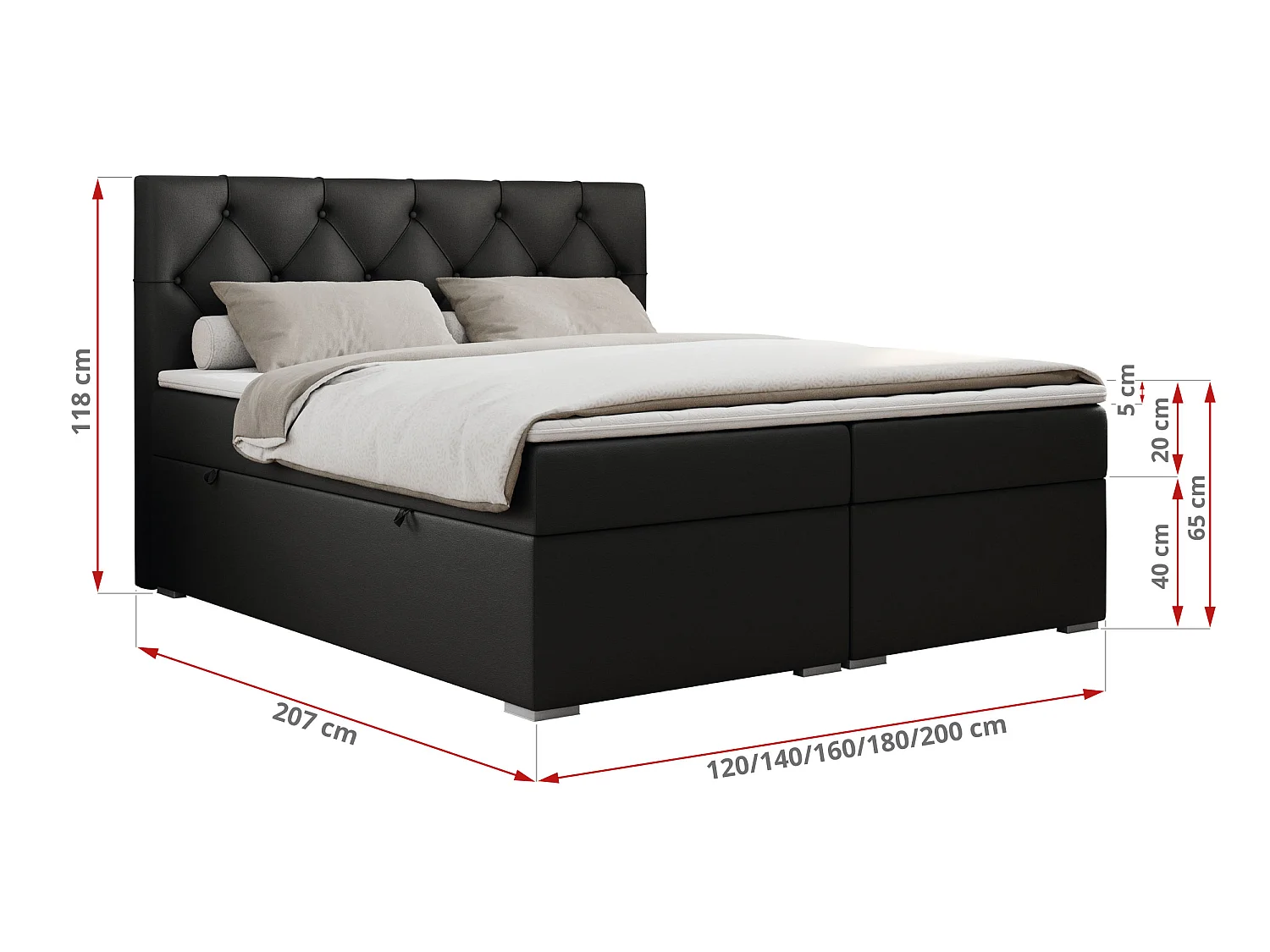 Lit boxspring avec 2 coffres - 2 matelas mi-fermes + surmatelas mousse - Noir Similicuir - 200x200 - ROMA