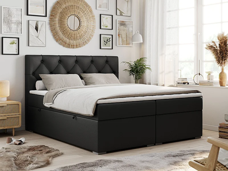Boxspringbett ALDA - Doppelbett mit gestepptem Kopfteil, Multipocket-Matratze und Topper, zwei Bettkästen - 200x200 cm - H3 - Schwarz Kunstleder
