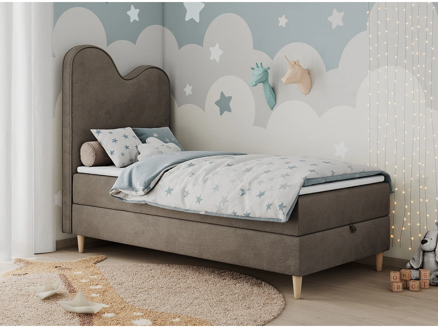 Kinderbett FLOW - Boxspringbett mit Stauraum, Einzelbett für Jugendliche, Bettkasten und hohe Kopfteil - 90x180 cm - Braun Velvet