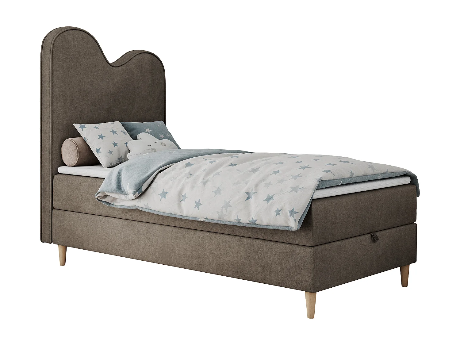 Kinderbett FLOW - Boxspringbett mit Stauraum, Einzelbett für Jugendliche, Bettkasten und hohe Kopfteil - 90x180 cm - Braun Velvet