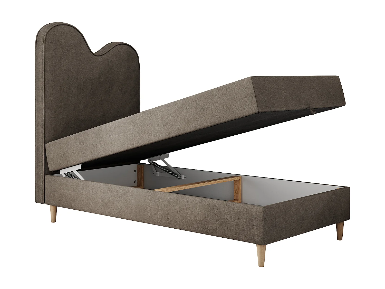 Kinderbett FLOW - Boxspringbett mit Stauraum, Einzelbett für Jugendliche, Bettkasten und hohe Kopfteil - 90x180 cm - Braun Velvet