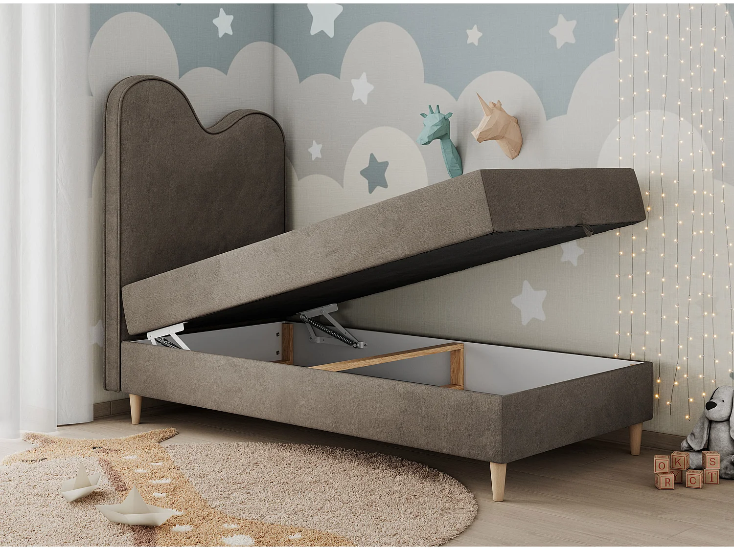 Kinderbett FLOW - Boxspringbett mit Stauraum, Einzelbett für Jugendliche, Bettkasten und hohe Kopfteil - 90x180 cm - Braun Velvet
