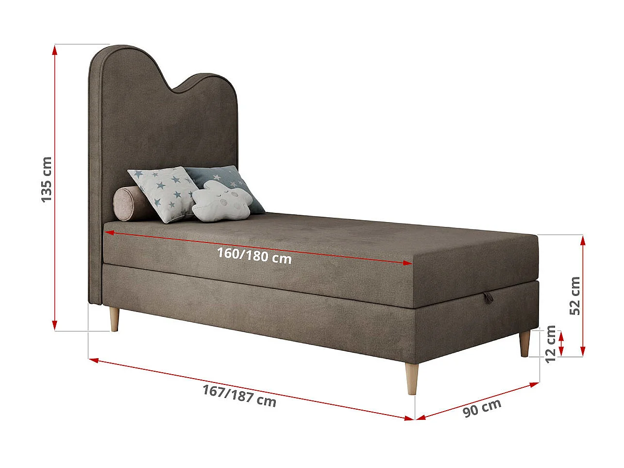 Kinderbett FLOW - Boxspringbett mit Stauraum, Einzelbett für Jugendliche, Bettkasten und hohe Kopfteil - 90x180 cm - Braun Velvet