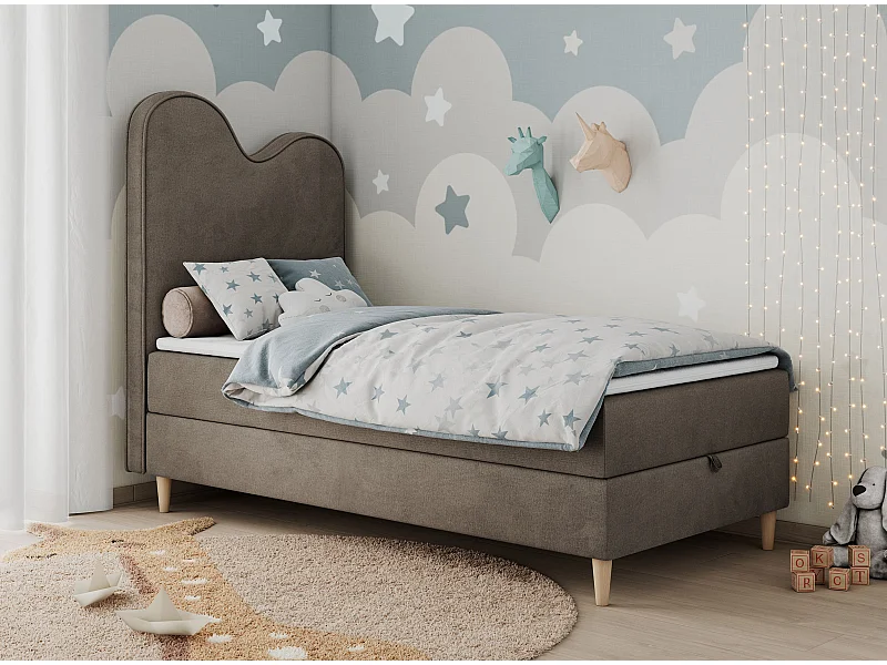 Kinderbett FLOW - Boxspringbett mit Stauraum, Einzelbett für Jugendliche, Bettkasten und hohe Kopfteil - 90x180 cm - Braun Velvet