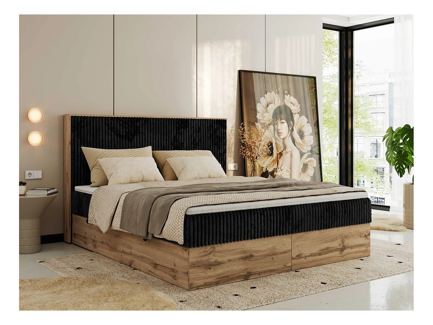 Boxspringbett WOOD CLASSIC - Doppelbett für Schlafzimmer, Set mit Multipocket-Matratze, Holzrahmen - 160x200 cm - H4 - Schwarz Cord