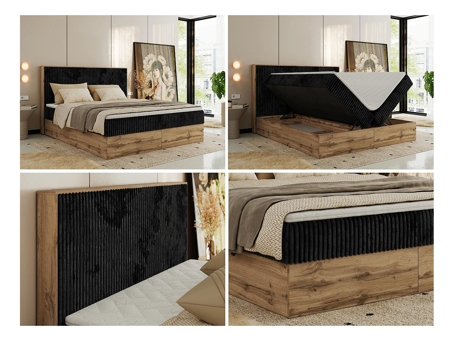 Boxspringbett WOOD CLASSIC - Doppelbett für Schlafzimmer, Set mit Multipocket-Matratze, Holzrahmen - 160x200 cm - H4 - Schwarz Cord