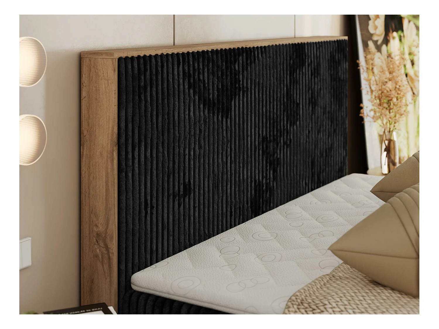 Boxspringbett WOOD CLASSIC - Doppelbett für Schlafzimmer, Set mit Multipocket-Matratze, Holzrahmen - 160x200 cm - H4 - Schwarz Cord