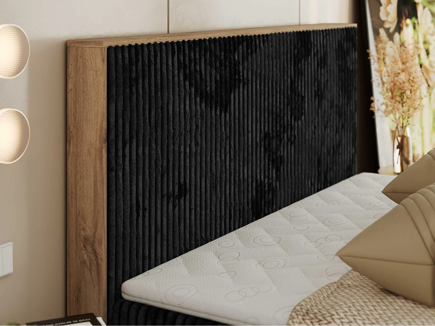 Boxspringbett WOOD CLASSIC - Doppelbett für Schlafzimmer, Set mit Multipocket-Matratze, Holzrahmen - 160x200 cm - H4 - Schwarz Cord