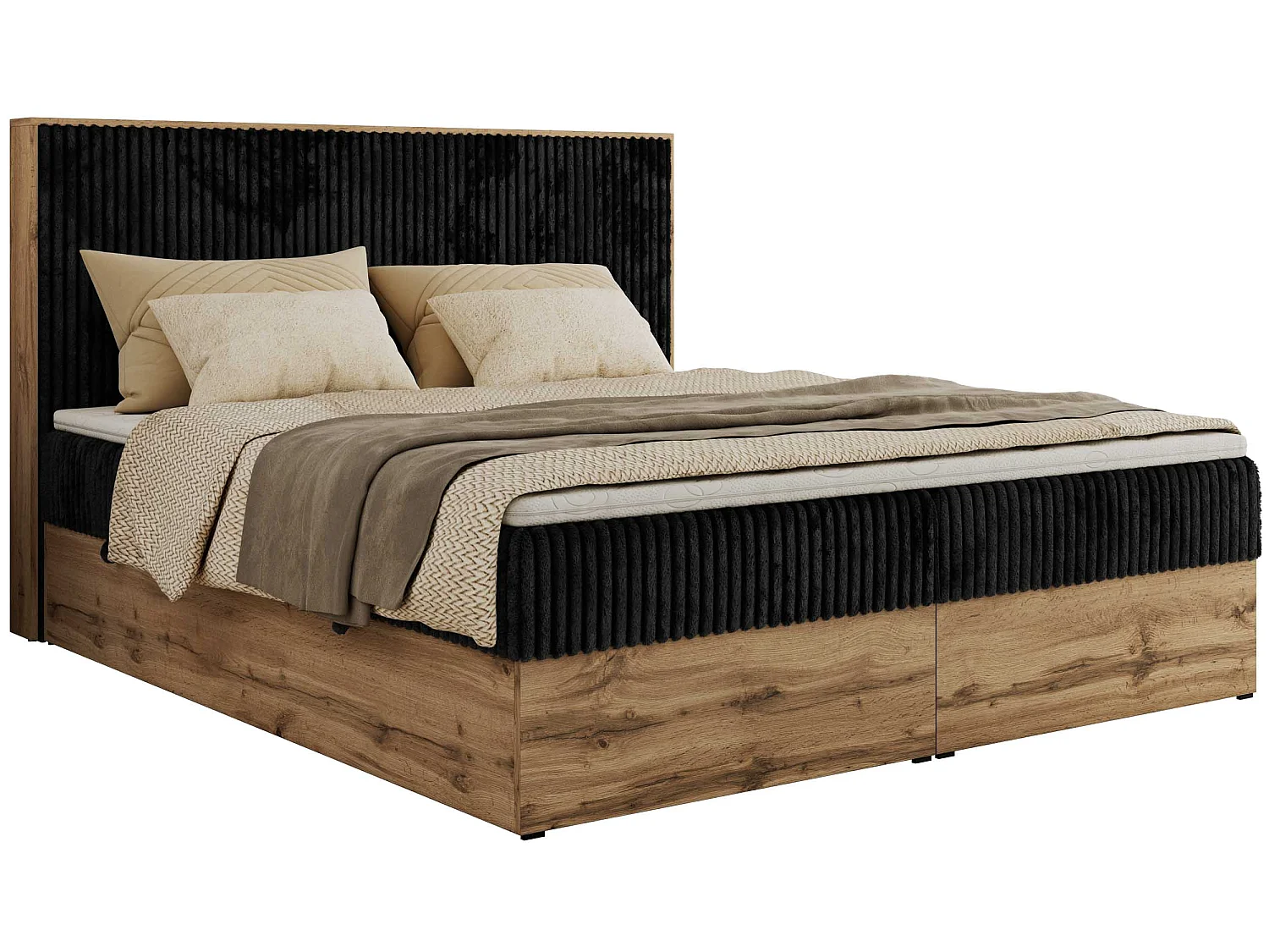 Lit boxspring - Dureté H4 + Topper T25 - Noir Velours côtelé - 160x200 - WOOD CLASSIC