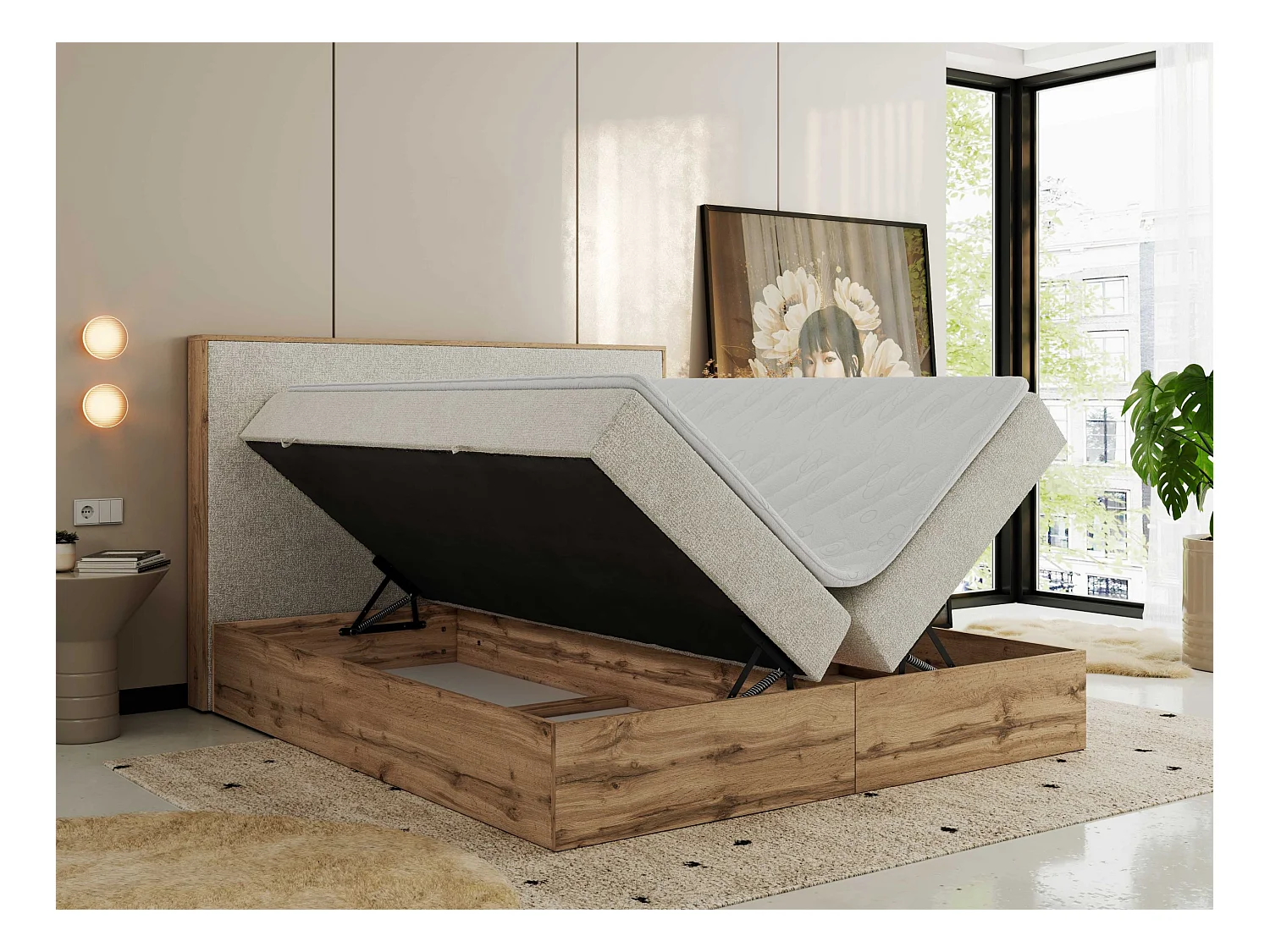 Boxspringbett WOOD CLASSIC - Doppelbett für Schlafzimmer, Set mit Multipocket-Matratze, Holzrahmen - 160x200 cm - H4 - Creme Strukture