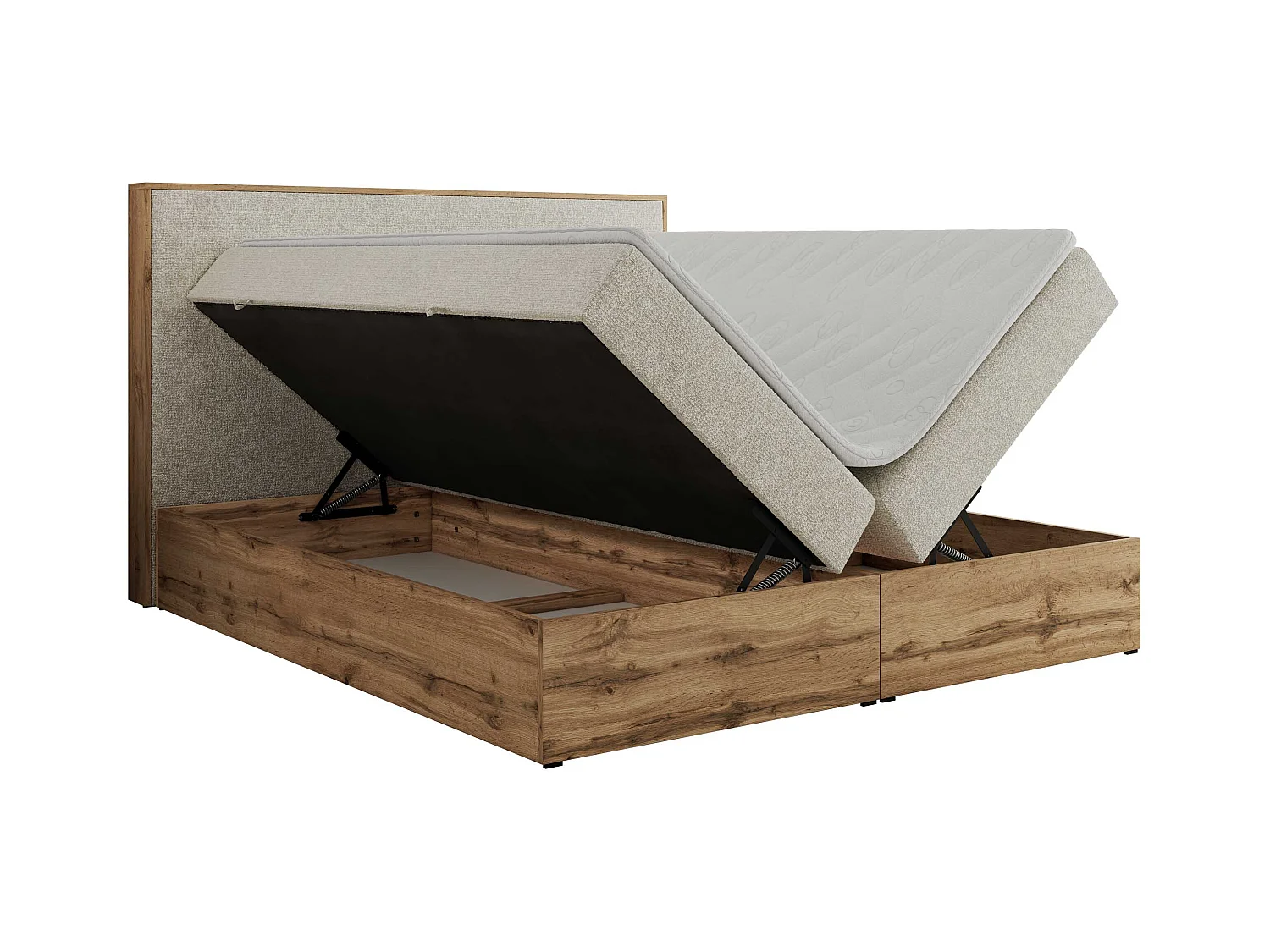 Boxspringbett WOOD CLASSIC - Doppelbett für Schlafzimmer, Set mit Multipocket-Matratze, Holzrahmen - 160x200 cm - H4 - Creme Strukture