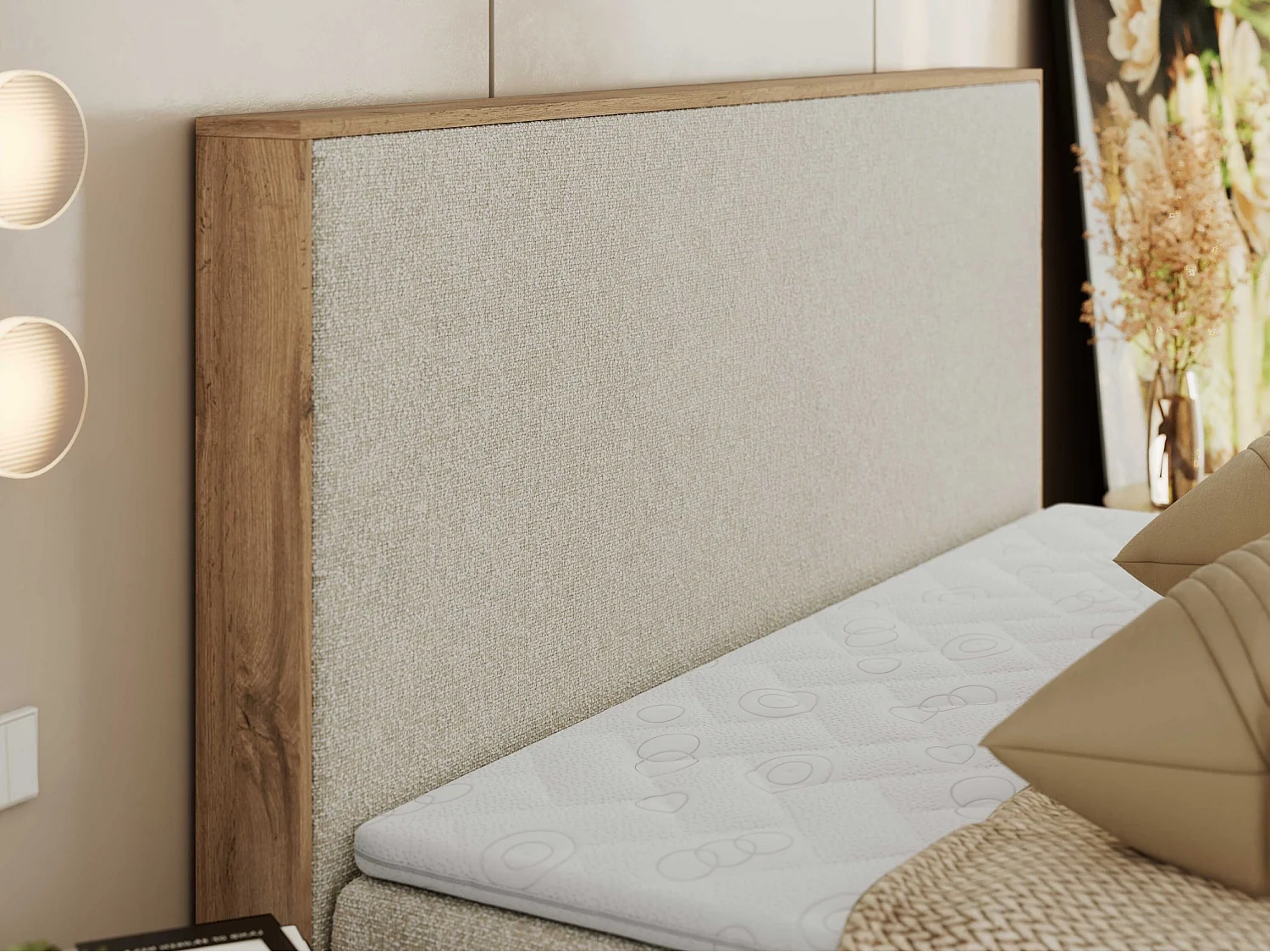 Boxspringbed met hoofdbord H4 + Topper T25 - Creme Structuurstof - 160x200 - WOOD CLASSIC