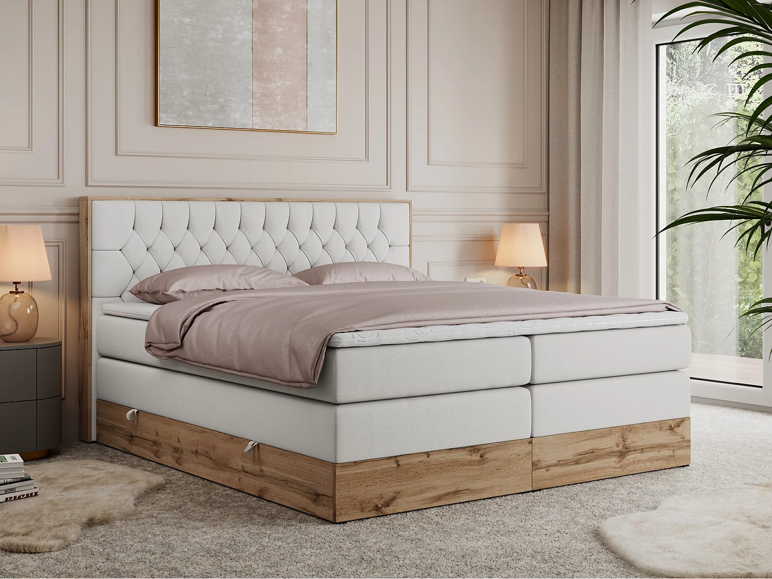 Boxspringbett AMORE KING - gesteppte Kopfstütze, Polsterbett mit zwei Multipocket-Matratzen, Holzrahmen - 200x200 cm - H4 - Weiß Kunstleder