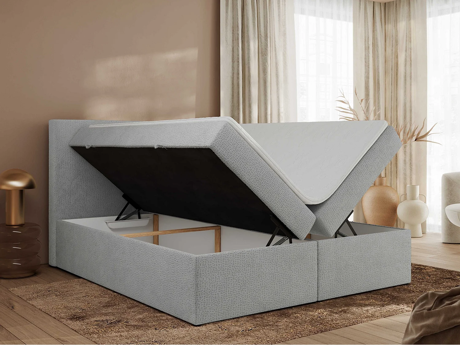Boxspringbett JAGUAR - Doppelbett mit Multipocket-Matratze und Topper, Struktur dekostoff, zwei Bettkästen - 180x200 cm - H3 - Hellgrau Struktur