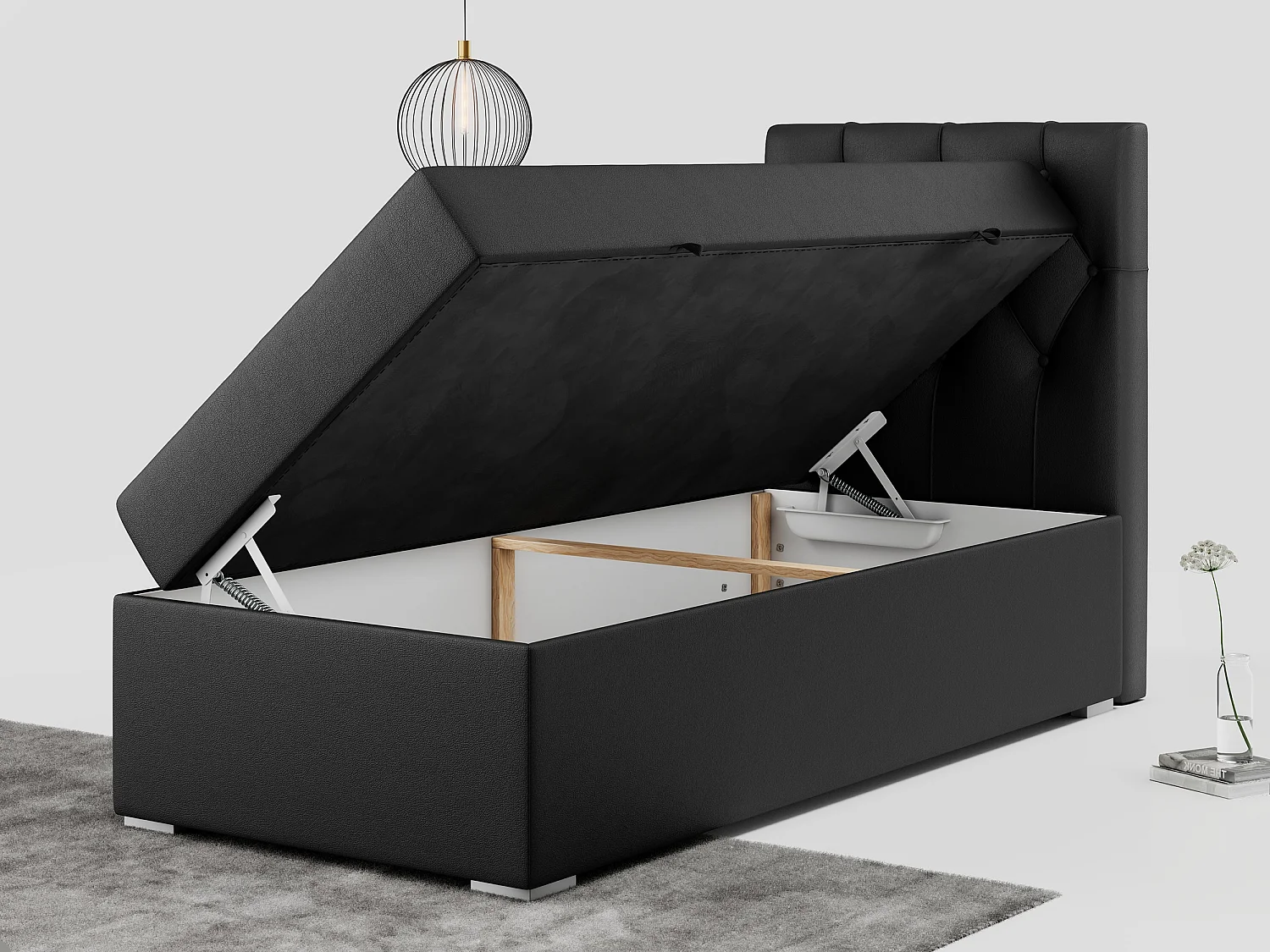 Boxspringbett ALDA - Einzelbett mit gestepptem Kopfteil, Multipocket-Matratze und Topper, Bettkasten - 90x200 cm - H4 - Schwarz Kunstleder - Rechts Seite