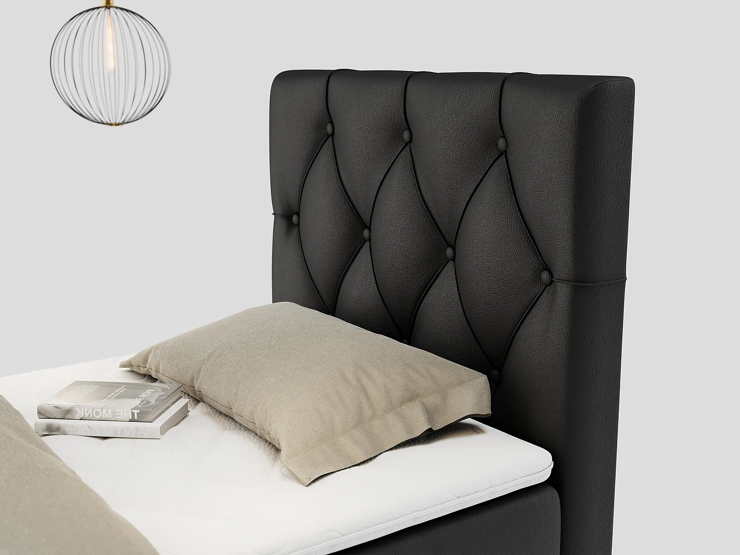 Boxspringbett ALDA - Einzelbett mit gestepptem Kopfteil, Multipocket-Matratze und Topper, Bettkasten - 90x200 cm - H4 - Schwarz Kunstleder - Rechts Seite