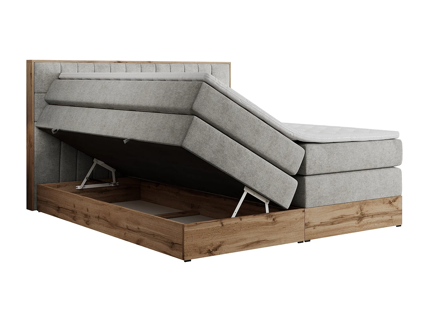 Boxspringbett AMORE KING - gesteppte Kopfstütze, Polsterbett mit zwei Multipocket-Matratzen, Holzrahmen - 140x200 cm - H3 - Hellgrau Strukture