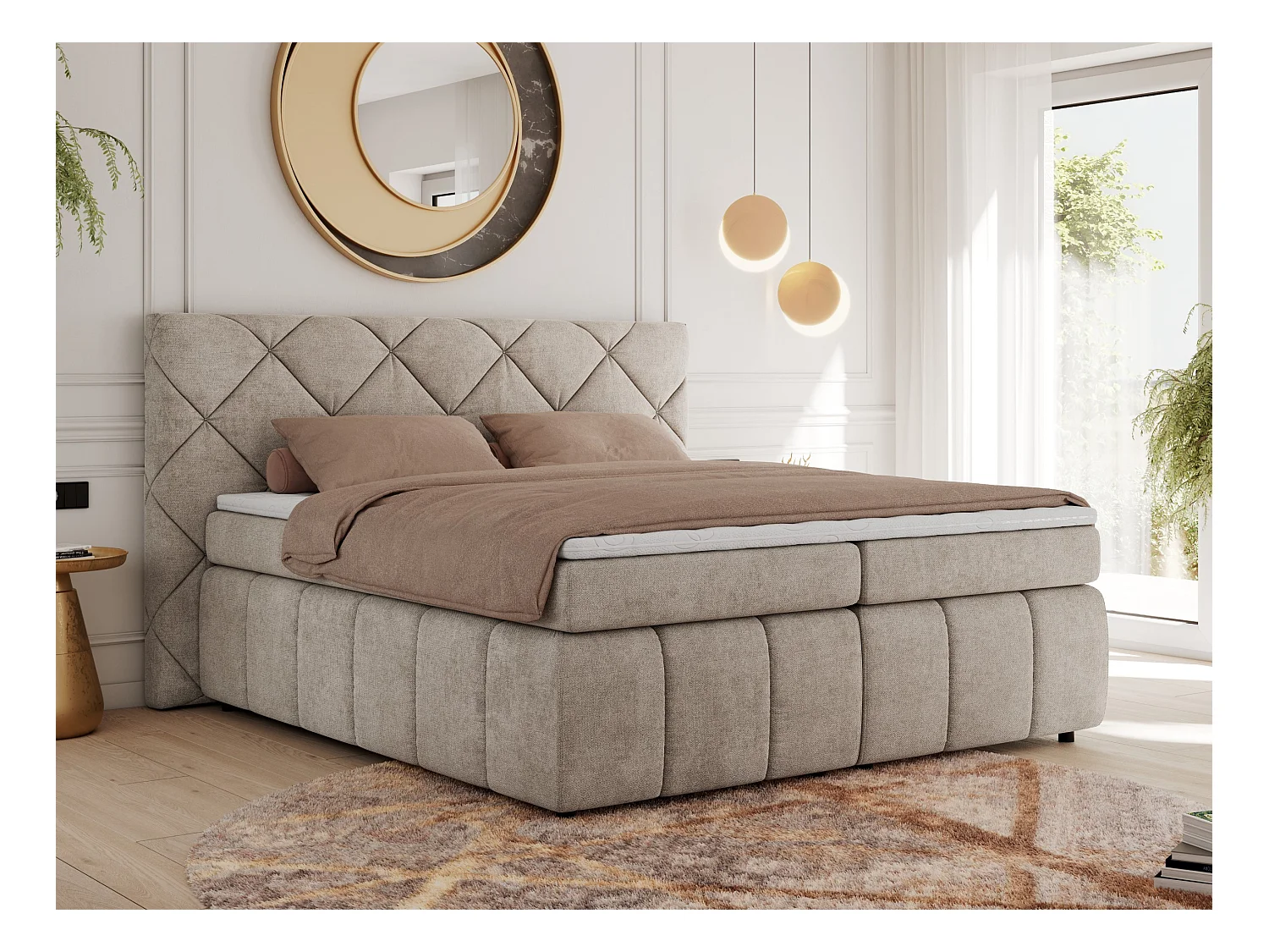 Boxspringbett RITA - Set mit Kopfteil, Multipocket-Matratze und Topper, Doppelbett für Schlafzimmer - 180x200 cm - H4 - Beige Strukture